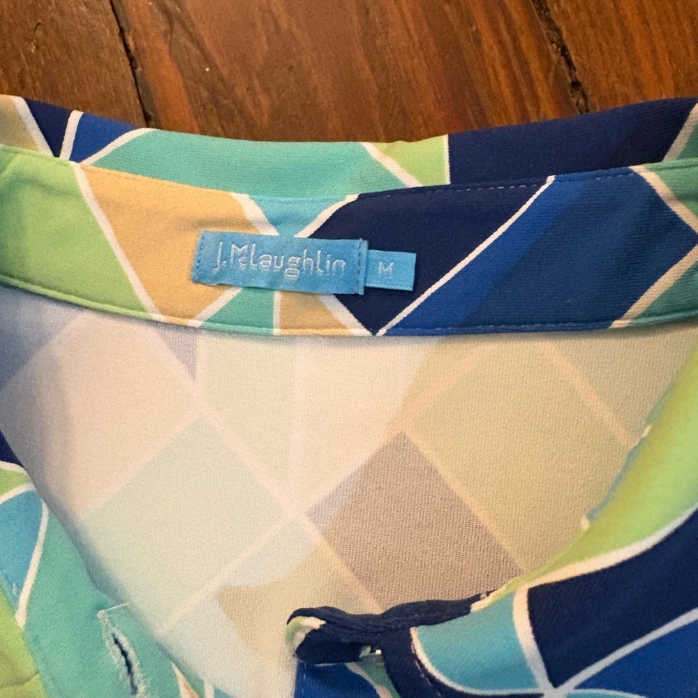 J. McLaughlin dolly blue belted geometric print tie waist Catalina dress size M - Picture 4 of 5
